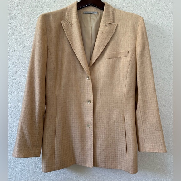 SAKS FIFTH AVENUE 100% Cashmere Beige Tan Houndstooth Blazer SZ IT 44 US 10 - Picture 2 of 14